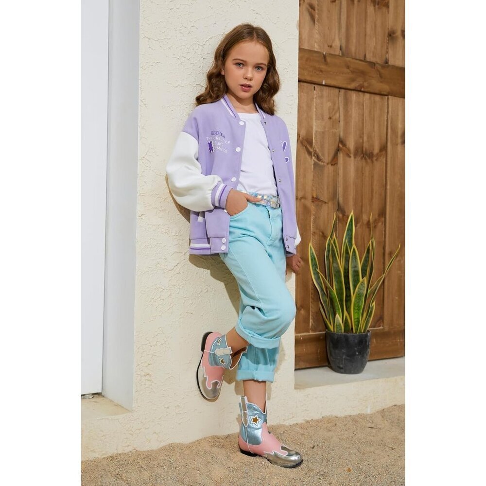 Girls Cowboy Boots Kids Western Cowgirl Mid-Calf Pull-On Riding Shoes - Picture 3 of 7